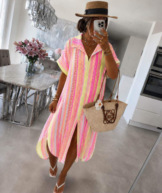 Robe Chemise Longue Bohème – Rayures Fluo