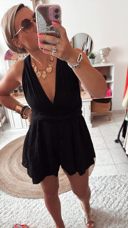 Combinaison short gaze de coton multiple position kaki et noir