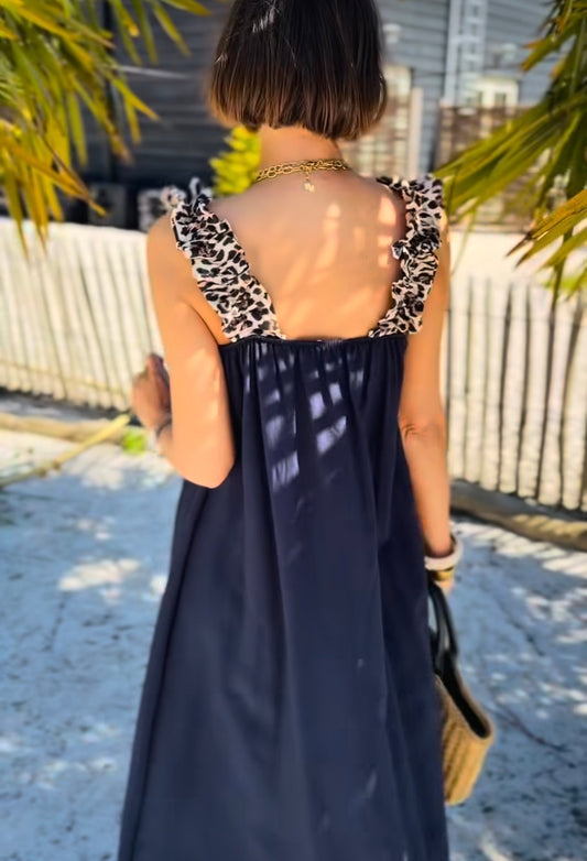Robe longue femme fluide bretelles léopard robe été chic TU
