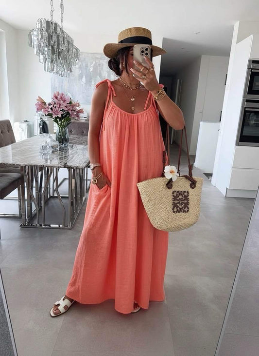 Robe Longue Bohème en Gaze de Coton – Bretelles à Nouer
