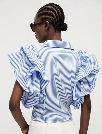 Chemise rayée à volants – Bleu & Blanc 💙