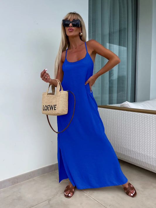 Robe longue fluide dos croisé - bleu roi