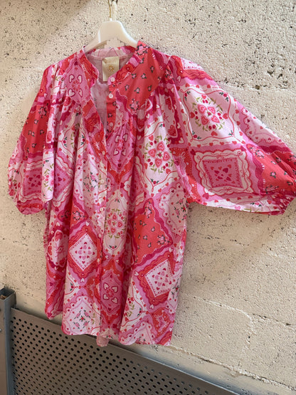 Robe bohème rose femme robe chemise fluide été imprimé bandana