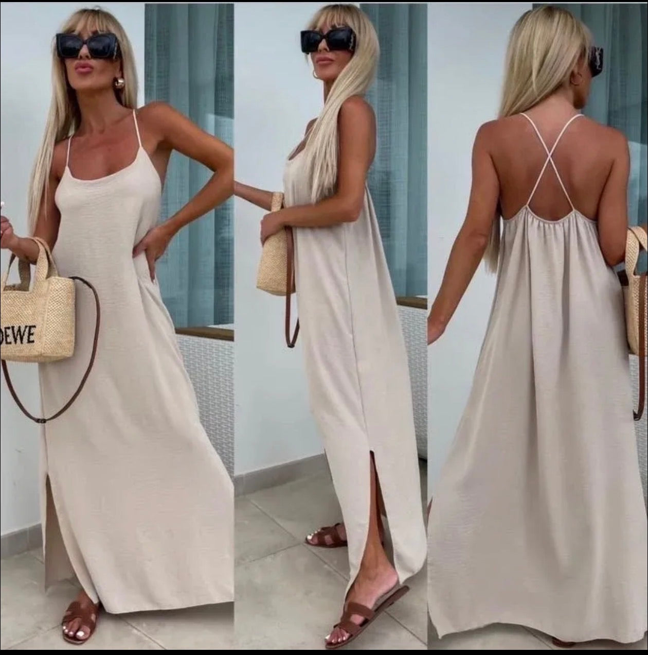 Robe longue fluide dos croisé - beige