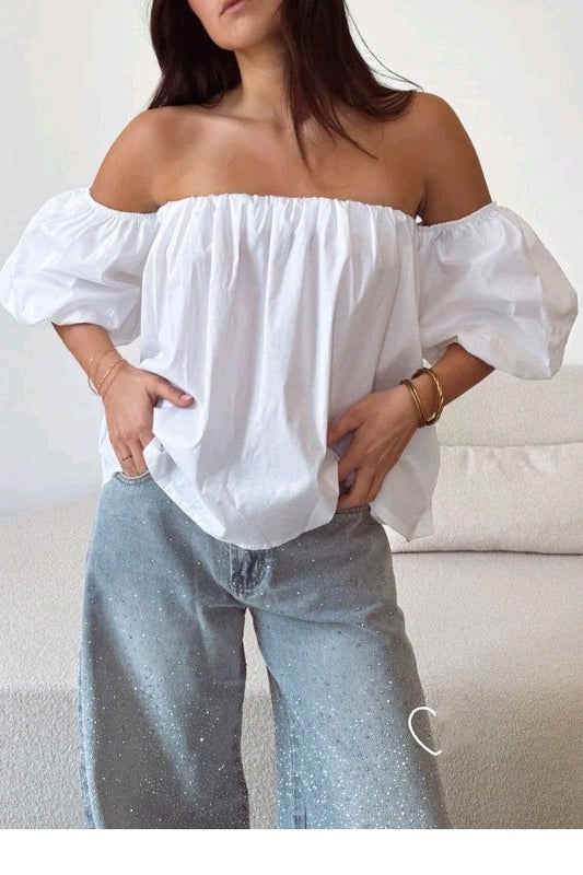 blouse femme épaules dénudées bardot top bohème manche bouffante (Copie)