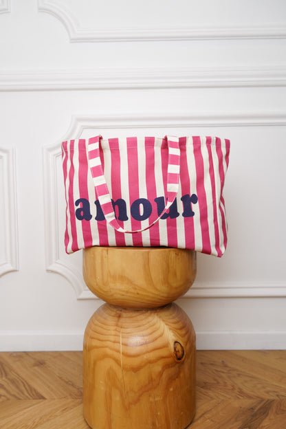 Sac cabas rayé AMOUR rose
