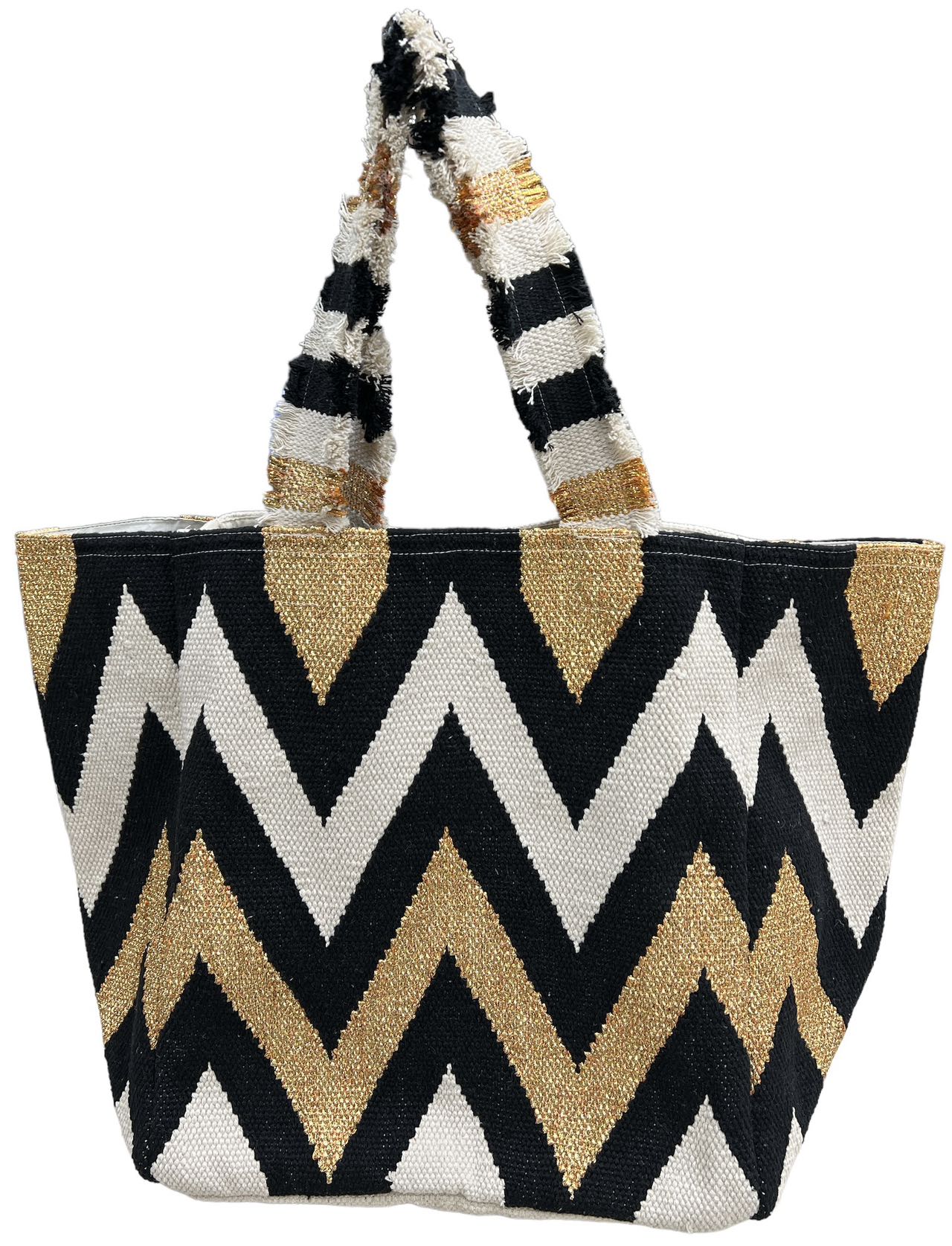 Sac cabas bohème femme sac toile zigzag doré grand sac tendance