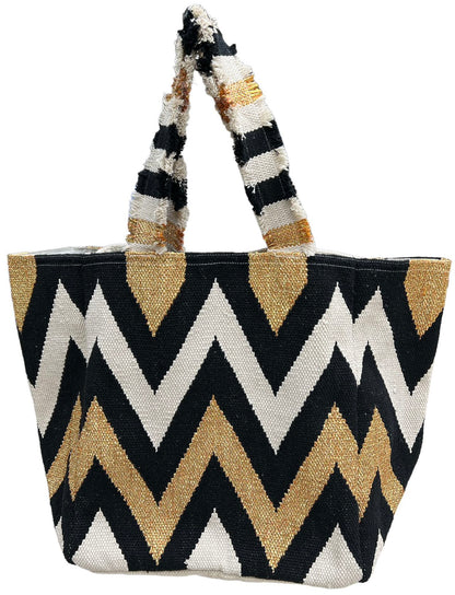 Sac cabas bohème femme sac toile zigzag doré grand sac tendance