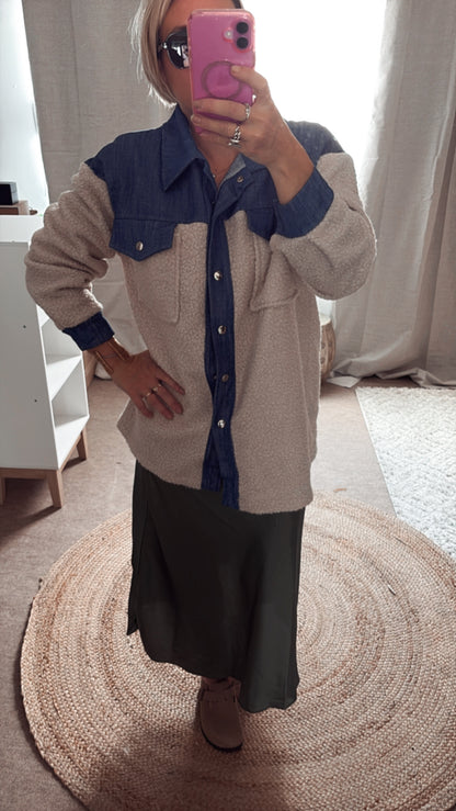 Surchemise En Bouclette Detail Jean beige et Camel