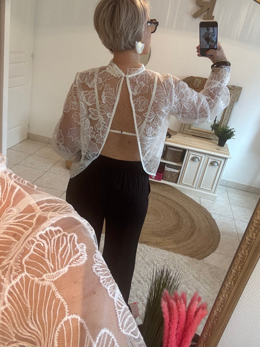 Blouse en dentelle avec dos ouvert EMIRA-BLANC