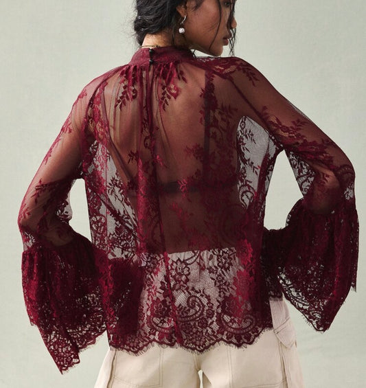 Blouse Transparente en Dentelle à Manches Évasées