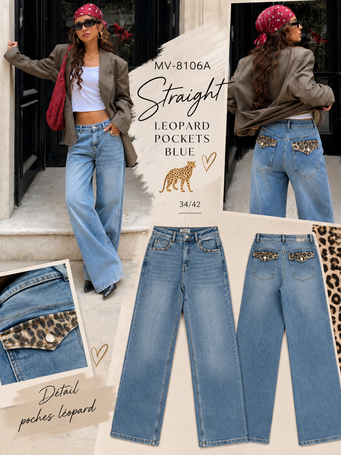 Jean Straight Bleu Détails Léopard