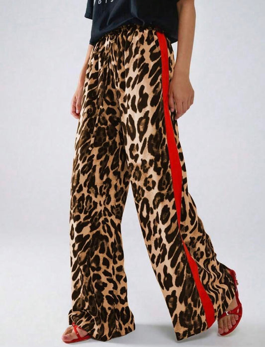 Pantalon Large Léopard à Bande Rouge