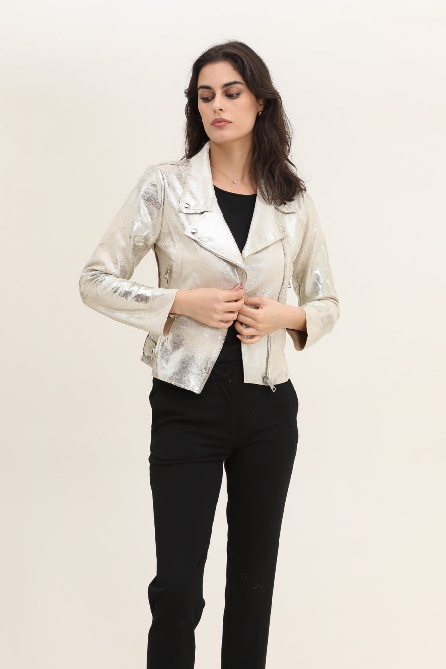 Veste perfecto femme argente leger veste simili cuir metallise dorée