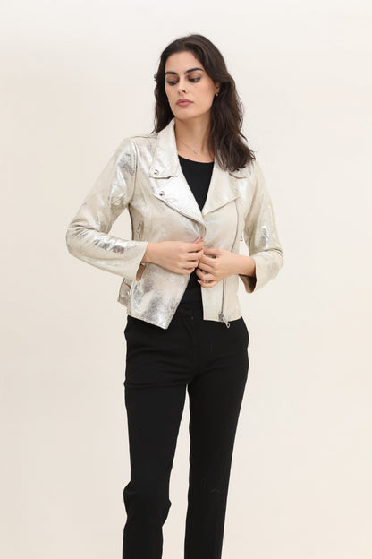Veste perfecto femme argente leger veste simili cuir metallise dorée