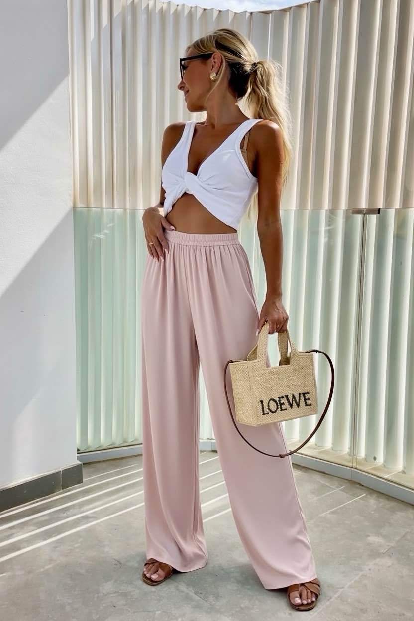 Pantalon fluide femme taille élastique large polyester elasthanne TU 34-48