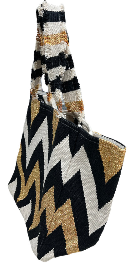 Sac cabas bohème femme sac toile zigzag doré grand sac tendance