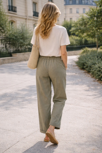 Pantalon femme oversize coton tencel coupe droite taille élastique casual chic