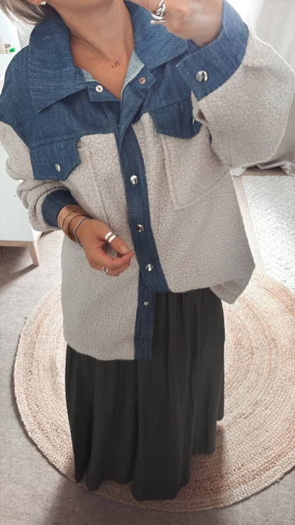 Surchemise En Bouclette Detail Jean beige et Camel