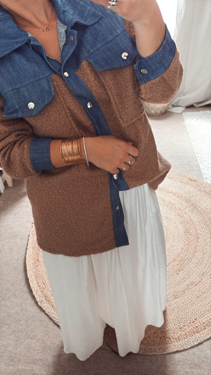 Surchemise En Bouclette Detail Jean beige et Camel