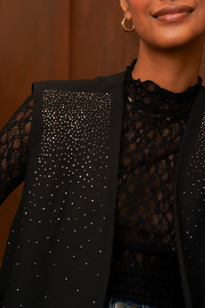 Gilet Long Femme Noir Sans Manches à Strass