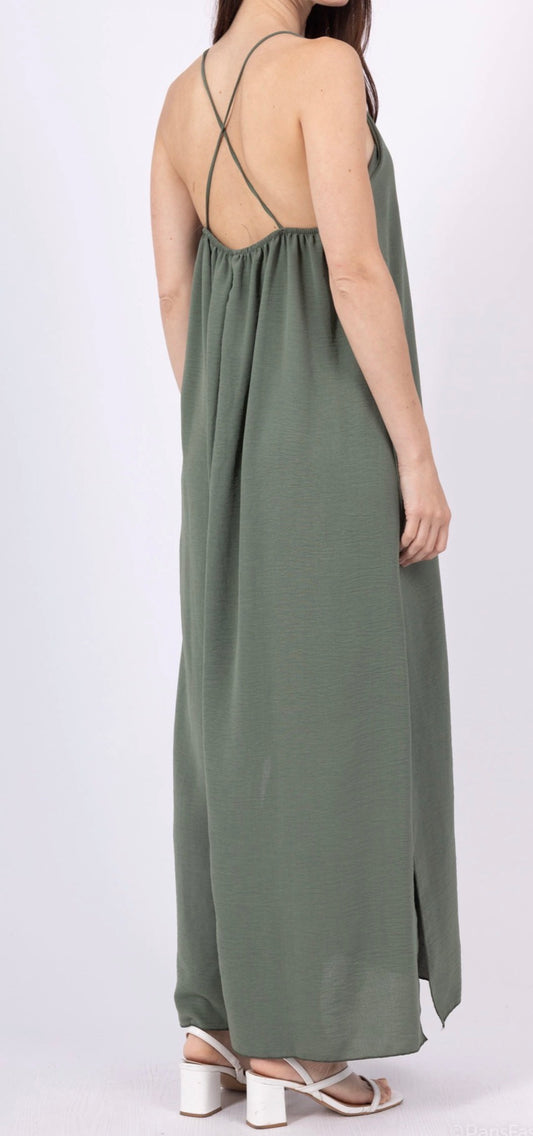 Robe longue fluide dos croisé - kaki