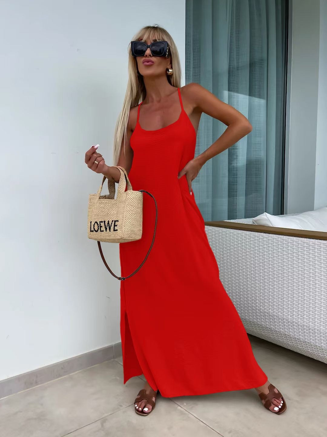 Robe longue fluide dos croisé - rouge