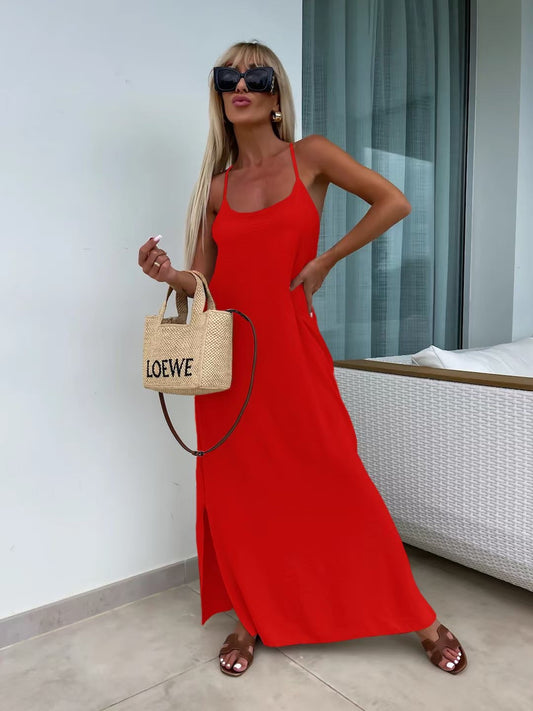 Robe longue fluide dos croisé - rouge