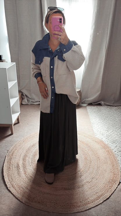 Surchemise En Bouclette Detail Jean beige et Camel