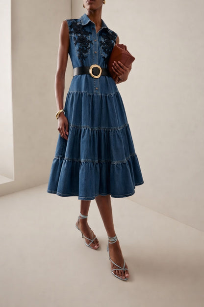 Robe en Jean Femme avec Dentelle Florale Noire – Style Chic et Élégant