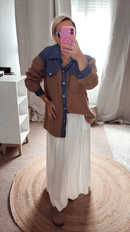 Surchemise En Bouclette Detail Jean beige et Camel