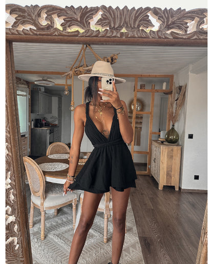 Combinaison short gaze de coton multiple position kaki et noir