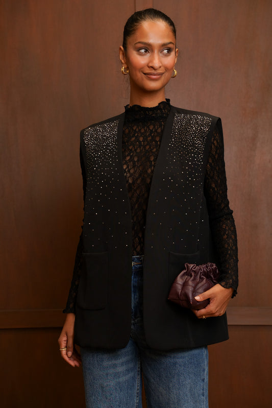 Gilet Long Femme Noir Sans Manches à Strass