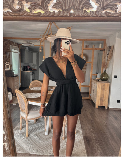 Combinaison short gaze de coton multiple position kaki et noir