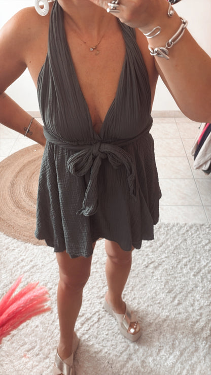 Combinaison short gaze de coton multiple position kaki et noir