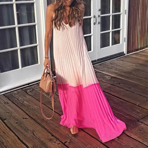 Robe Longue Plissée Bicolore Femme