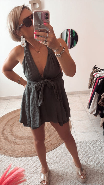 Combinaison short gaze de coton multiple position kaki et noir