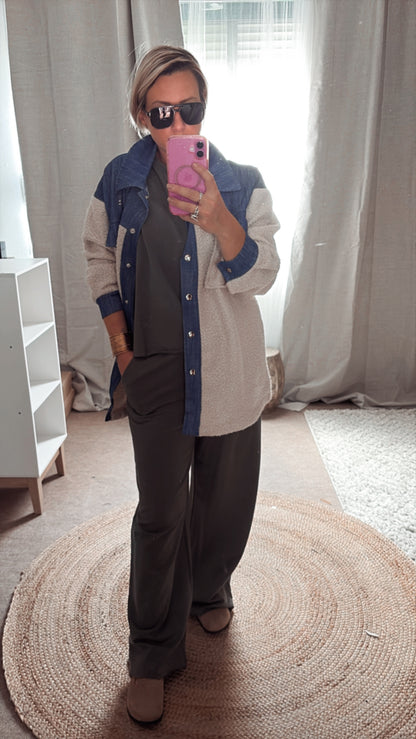 Surchemise En Bouclette Detail Jean beige et Camel