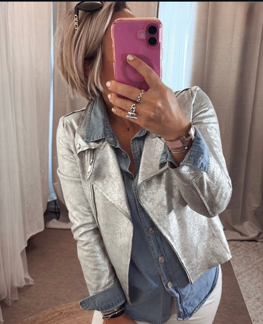 Veste perfecto femme argente leger veste simili cuir metallise argenté