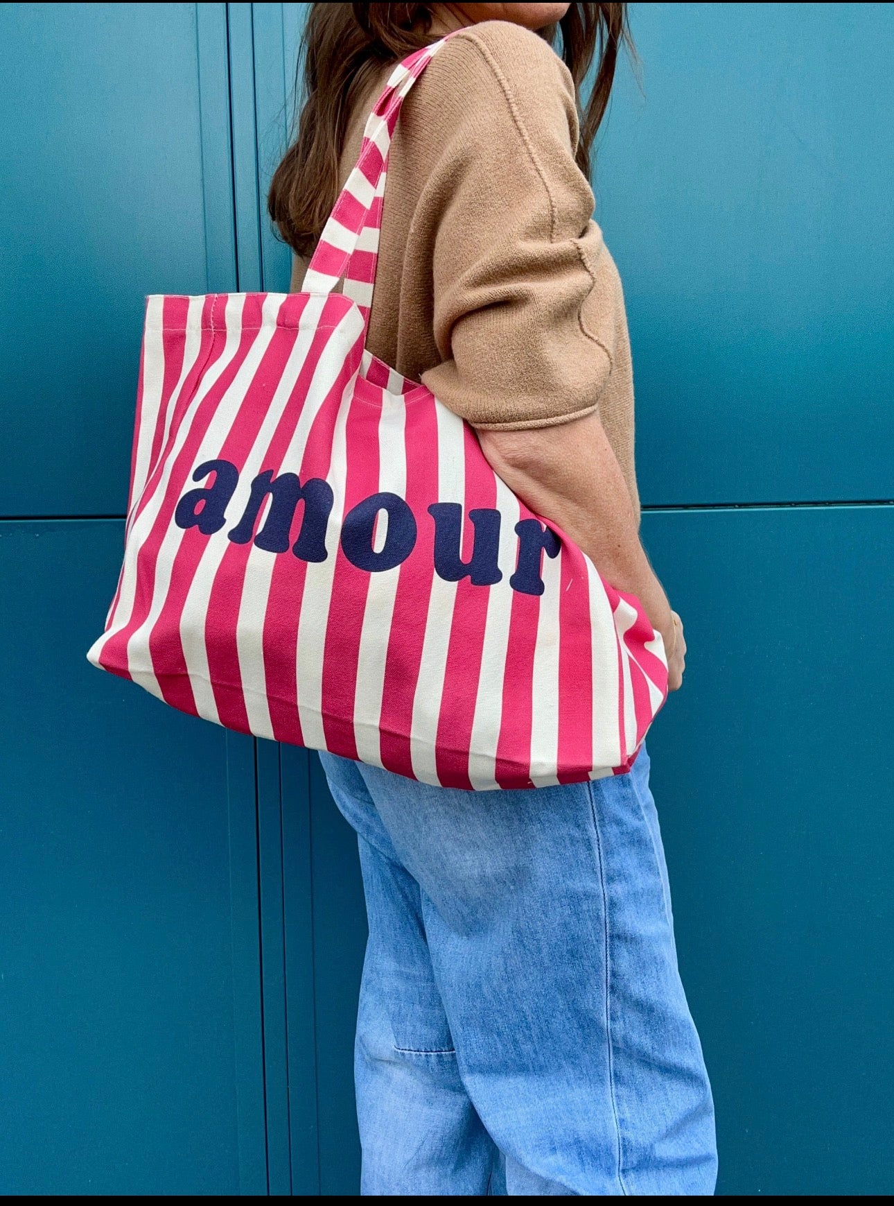 Sac cabas rayé AMOUR rose