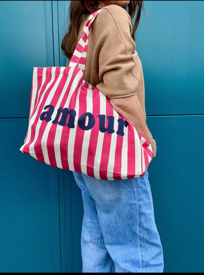 Sac cabas rayé AMOUR rose