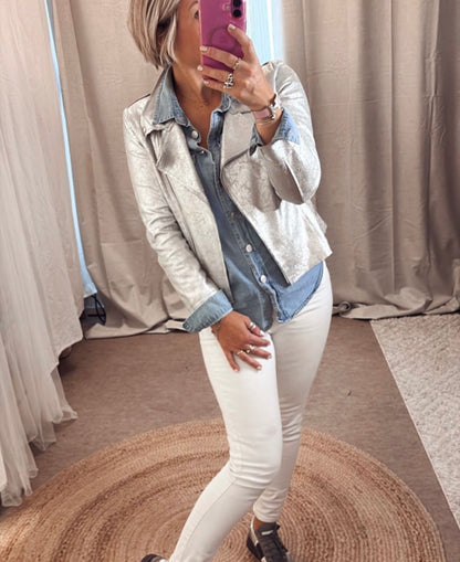 Veste perfecto femme argente leger veste simili cuir metallise argenté