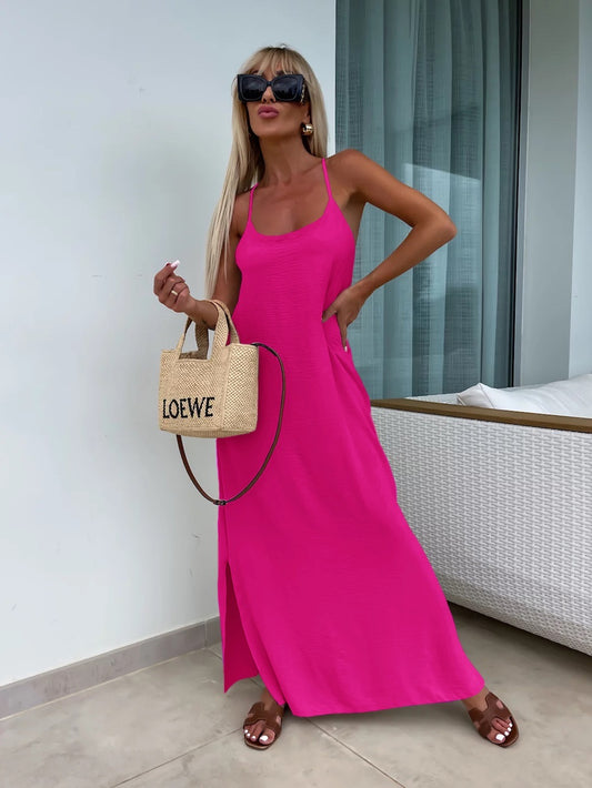 Robe longue fluide dos croisé - fuchsia