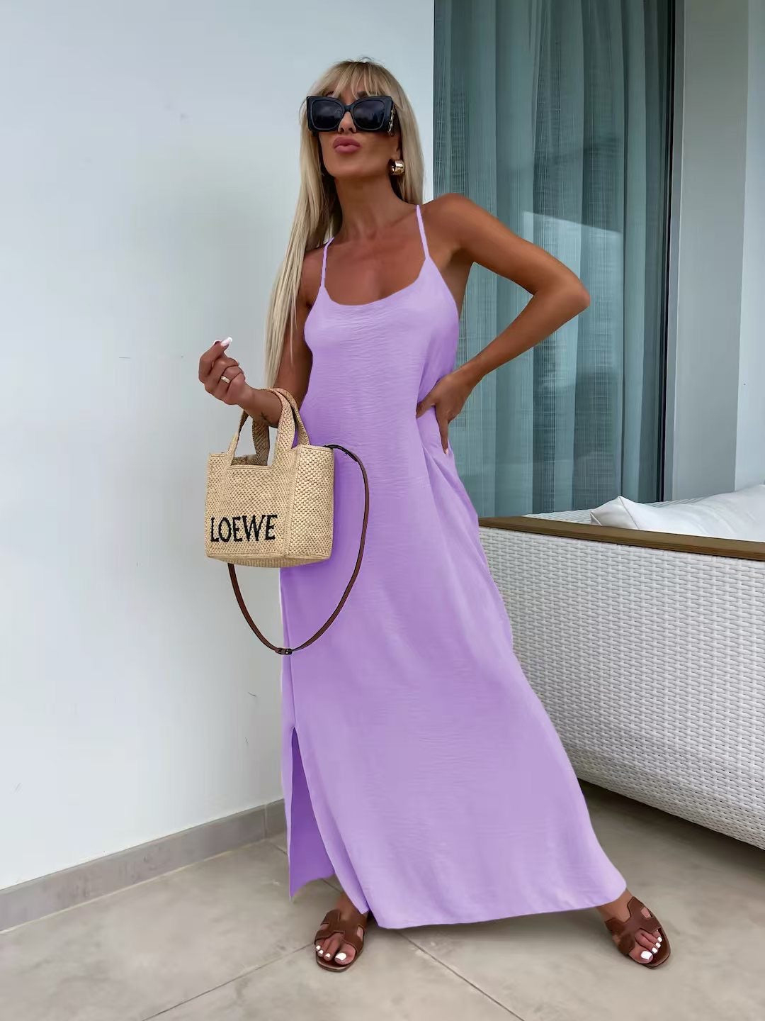 Robe longue fluide dos croisé - lilas