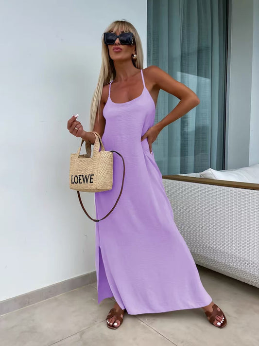 Robe longue fluide dos croisé - lilas