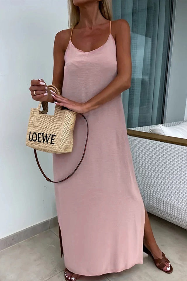 Robe longue fluide dos croisé - rose pale