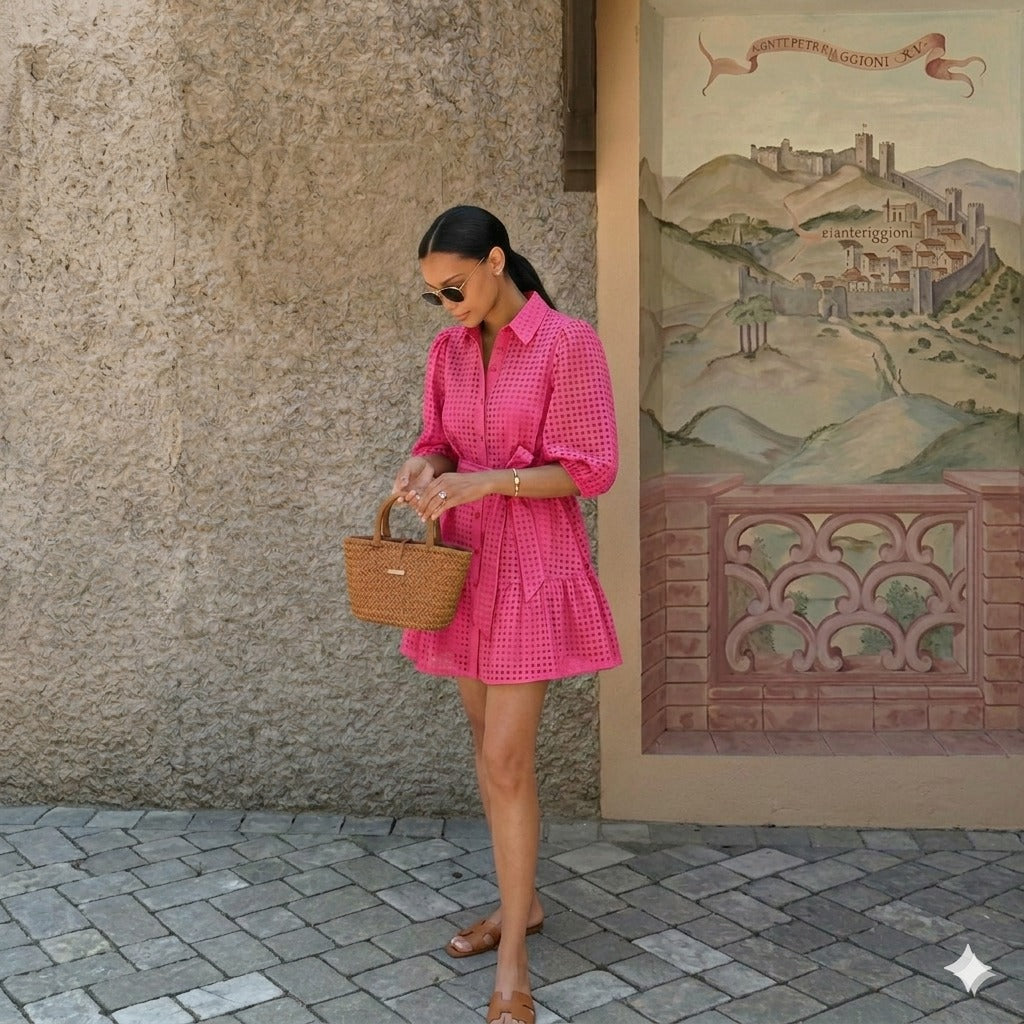Robe Chemise Femme Ajourée avec Ceinture – Rose Fuchsia ou Vert Émeraude