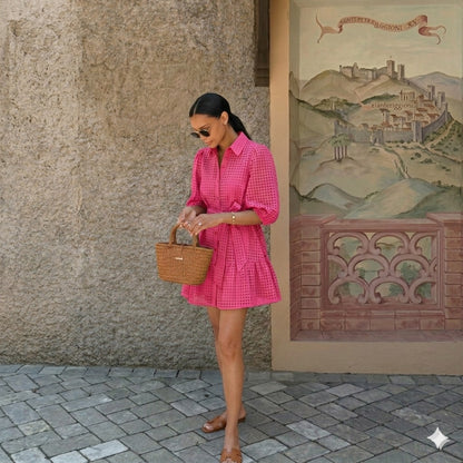 Robe Chemise Femme Ajourée avec Ceinture – Rose Fuchsia ou Vert Émeraude