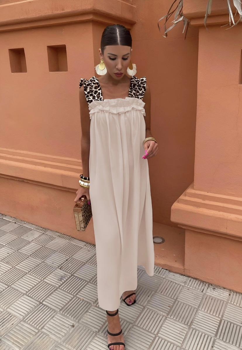 Robe longue femme fluide bretelles léopard robe été chic TU