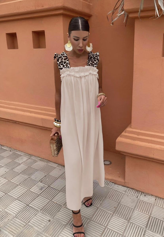Robe longue femme fluide bretelles léopard robe été chic TU
